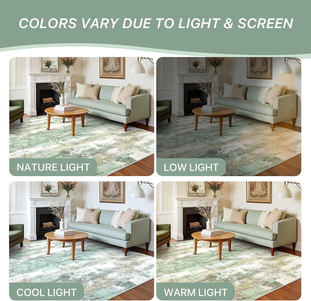 Light Green Abstract Washable Area Rug