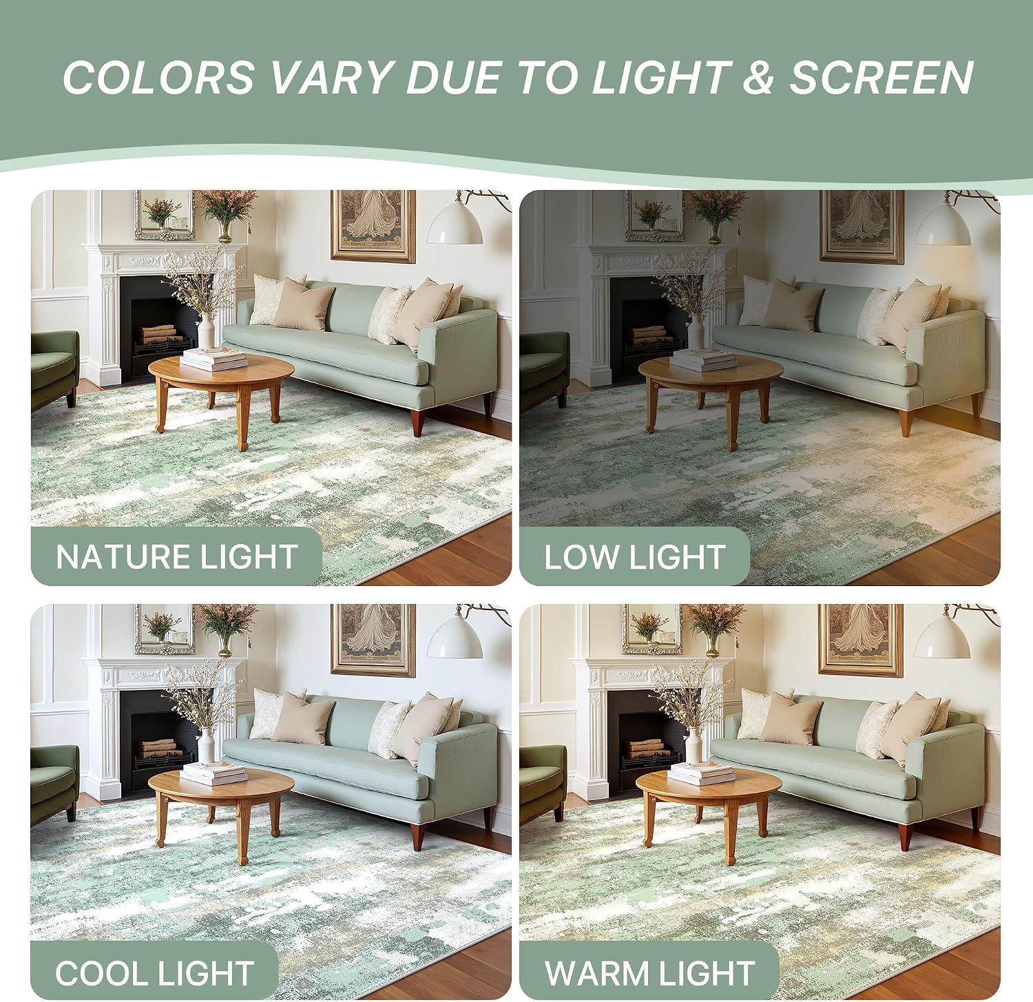 Light Green Abstract Washable Area Rug