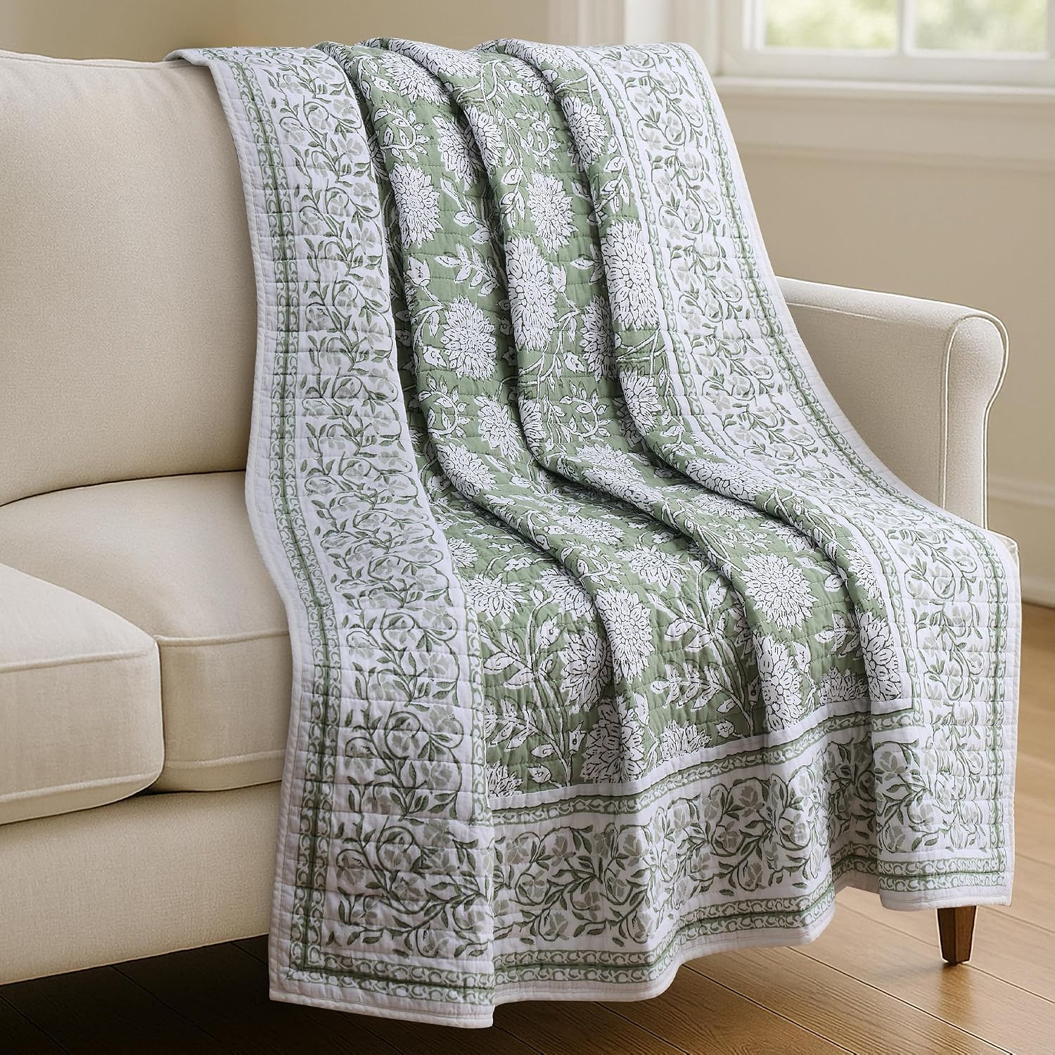 Sage White Floral Reversible Cotton Quilted Throw 50x60in
