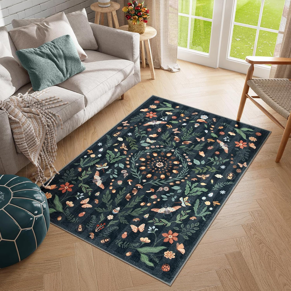 Black Botanical Washable Entryway Rug