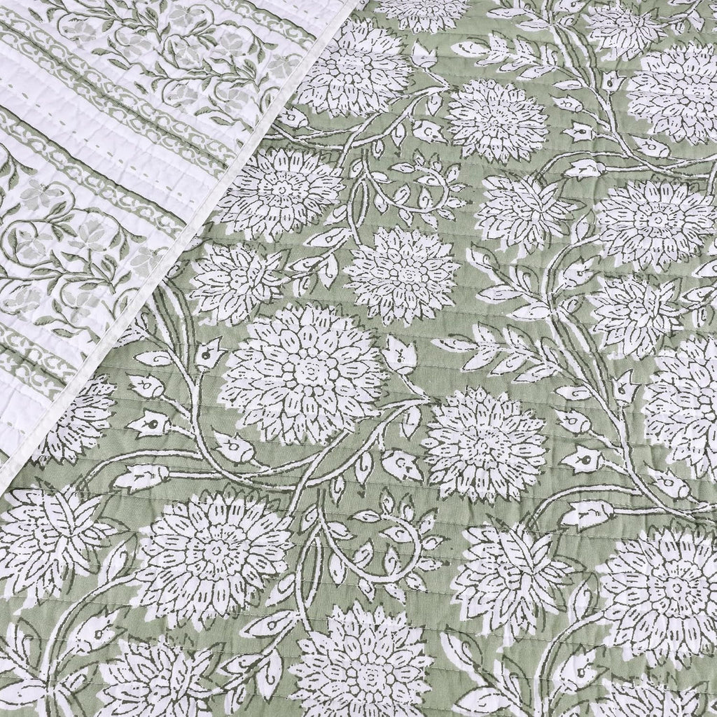 Sage White Floral Reversible Cotton Quilted Throw 50x60in