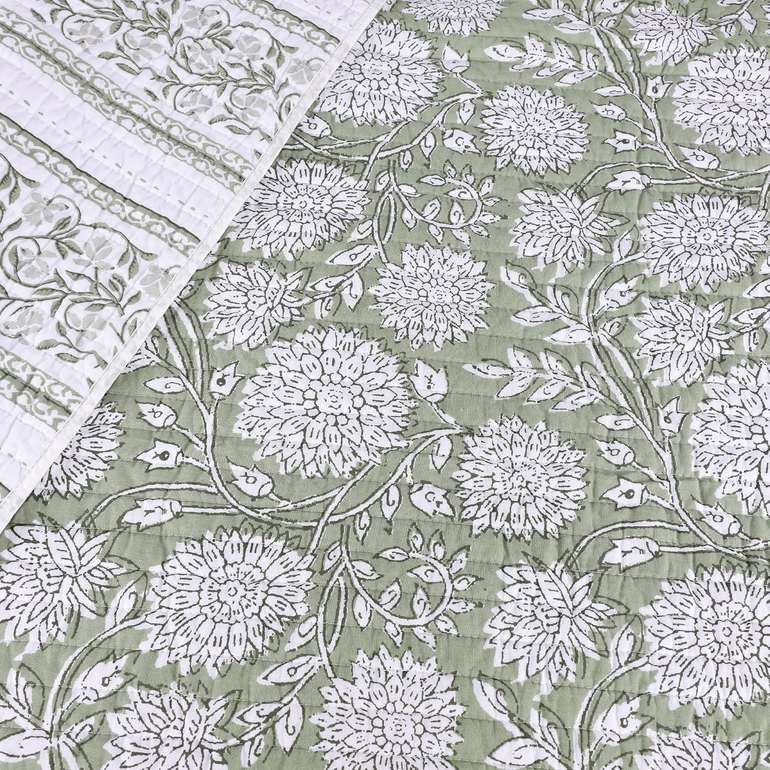 Sage White Floral Reversible Cotton Quilted Throw 50x60in