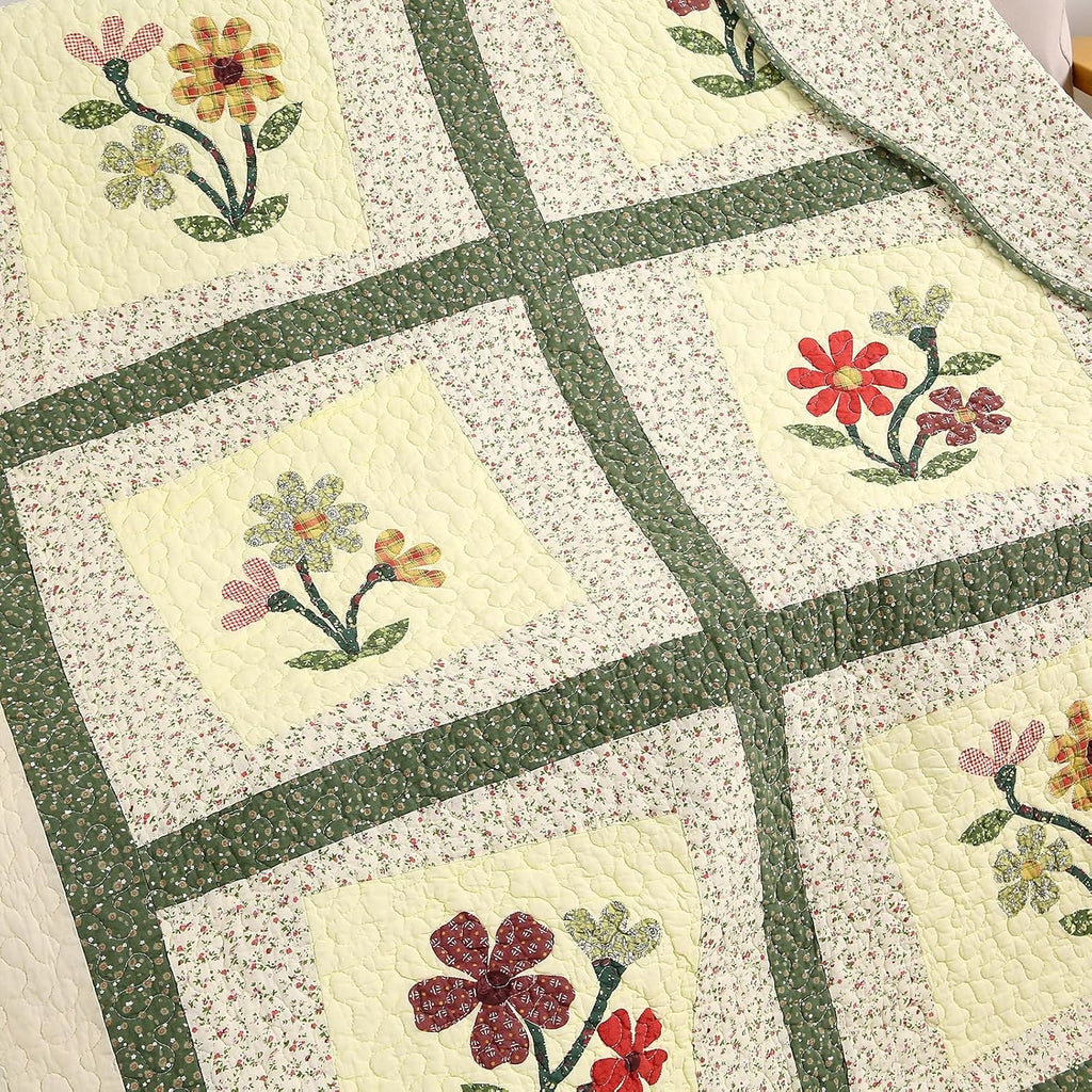 Green Floral Embroidered Reversible Cotton Quilted Throw 50"x60"