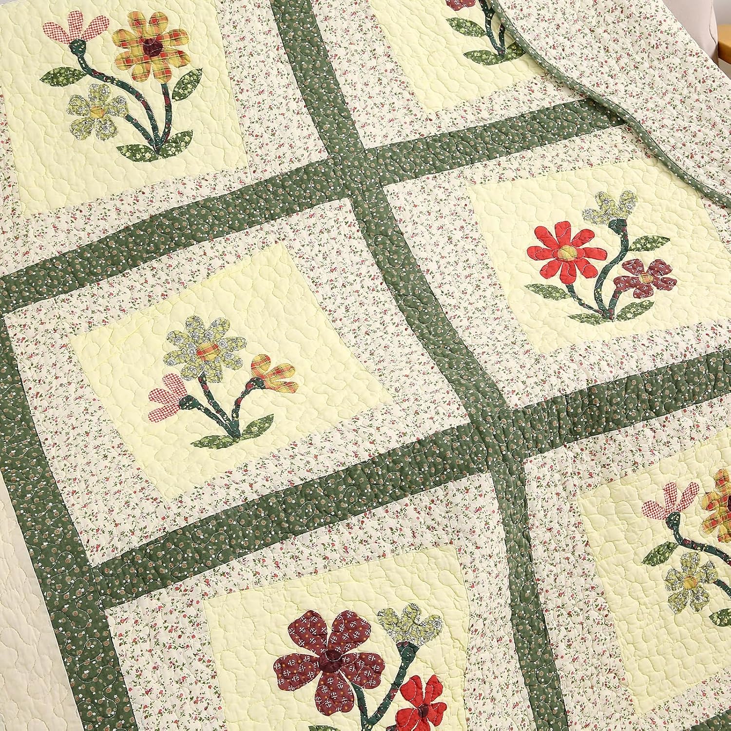 Green Floral Embroidered Reversible Cotton Quilted Throw 50"x60"